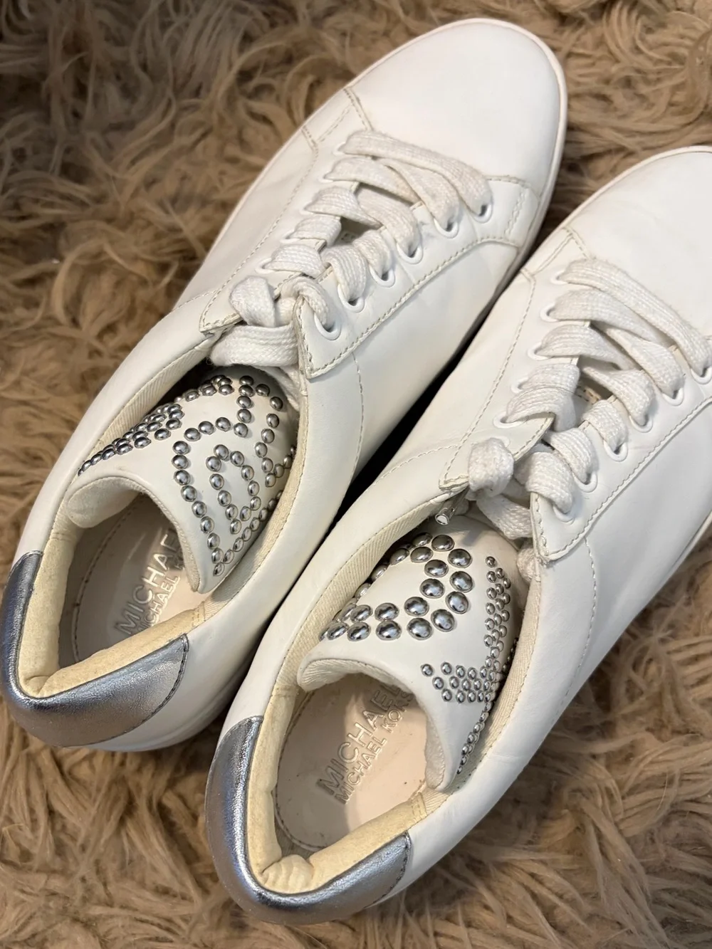 Michael Kors White Leather Sneakers with Silver Stud Accents